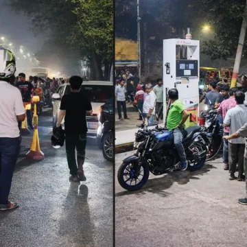 ঢাকার একটি ফিলিং স্টেশনে গভীর রাতে তেল নিতে অপেক্ষা করছেন মোটরসাইকেল ও গাড়ির চালকরা